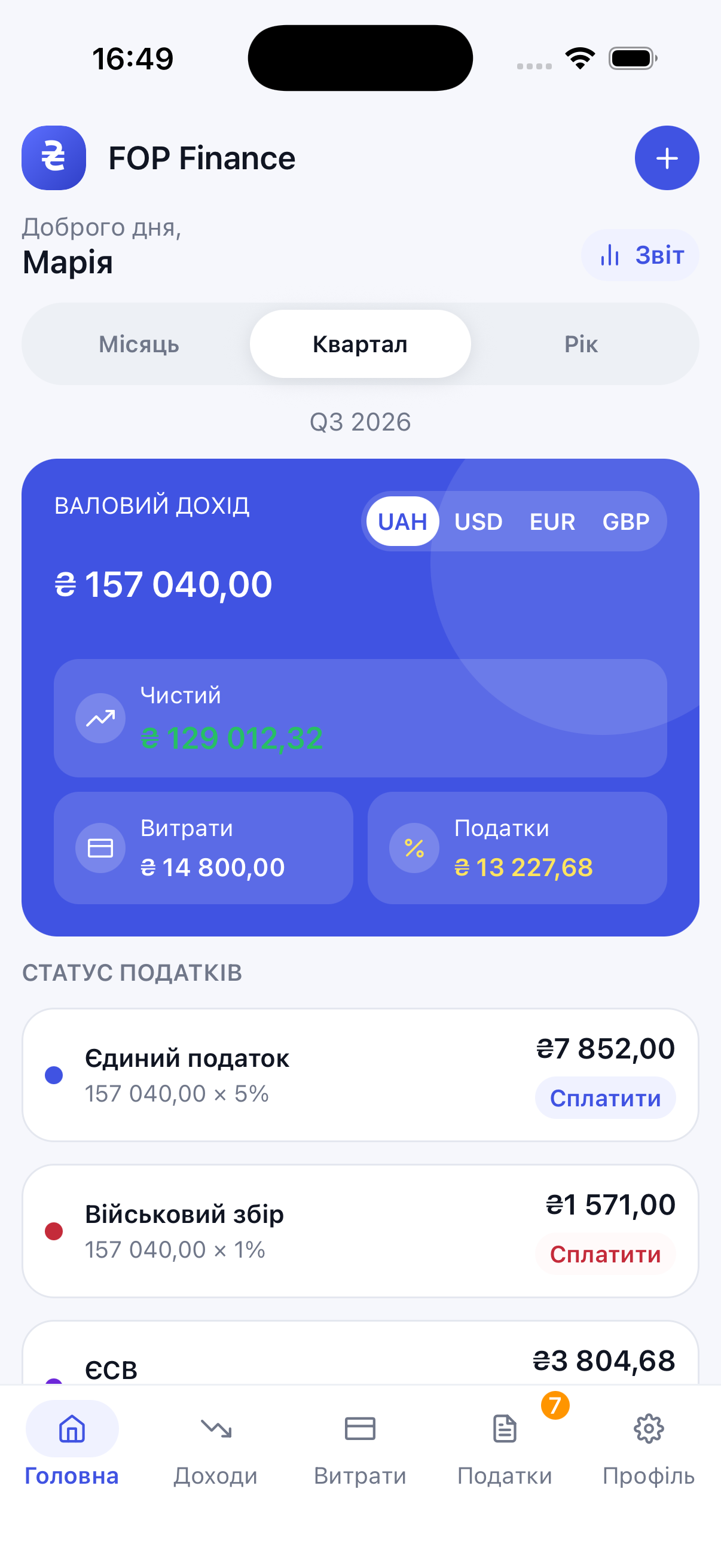 FOP Finance mobile app dashboard